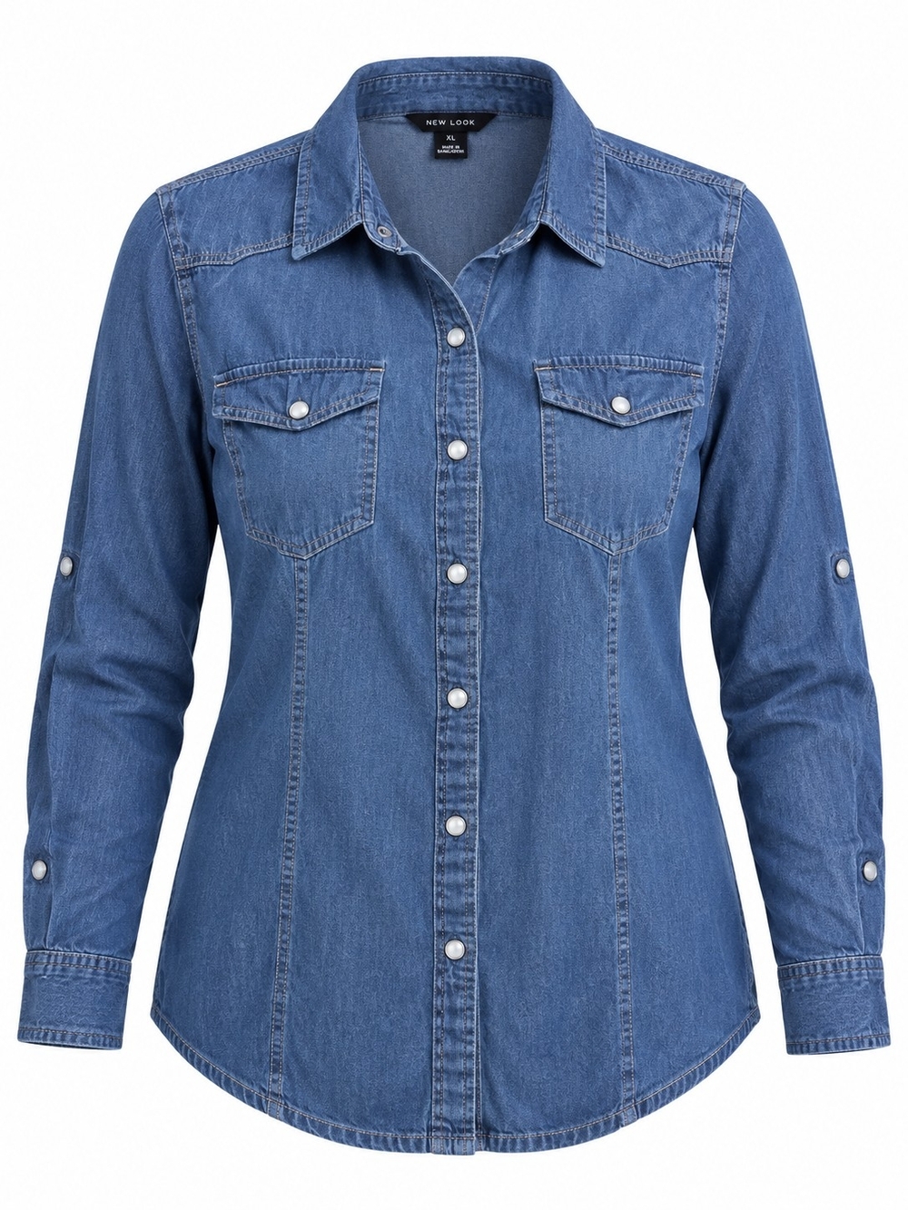 NEW LOOK | Denim Pearl Snap Western Shirt Roll Tab 100% Cotton | XL